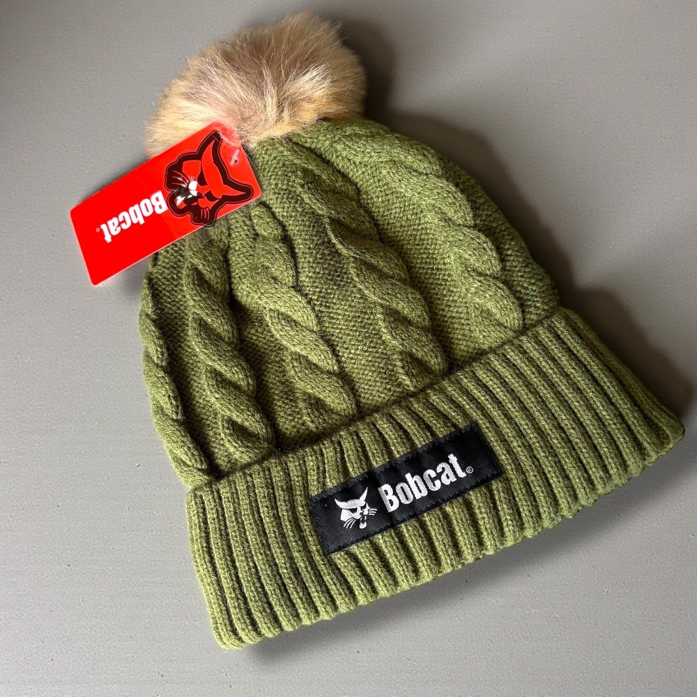 Bobcat Beanie‎ Hat Olive Green Cable Knit Sherpa Lined Faux Fur Pom OSFM NEW